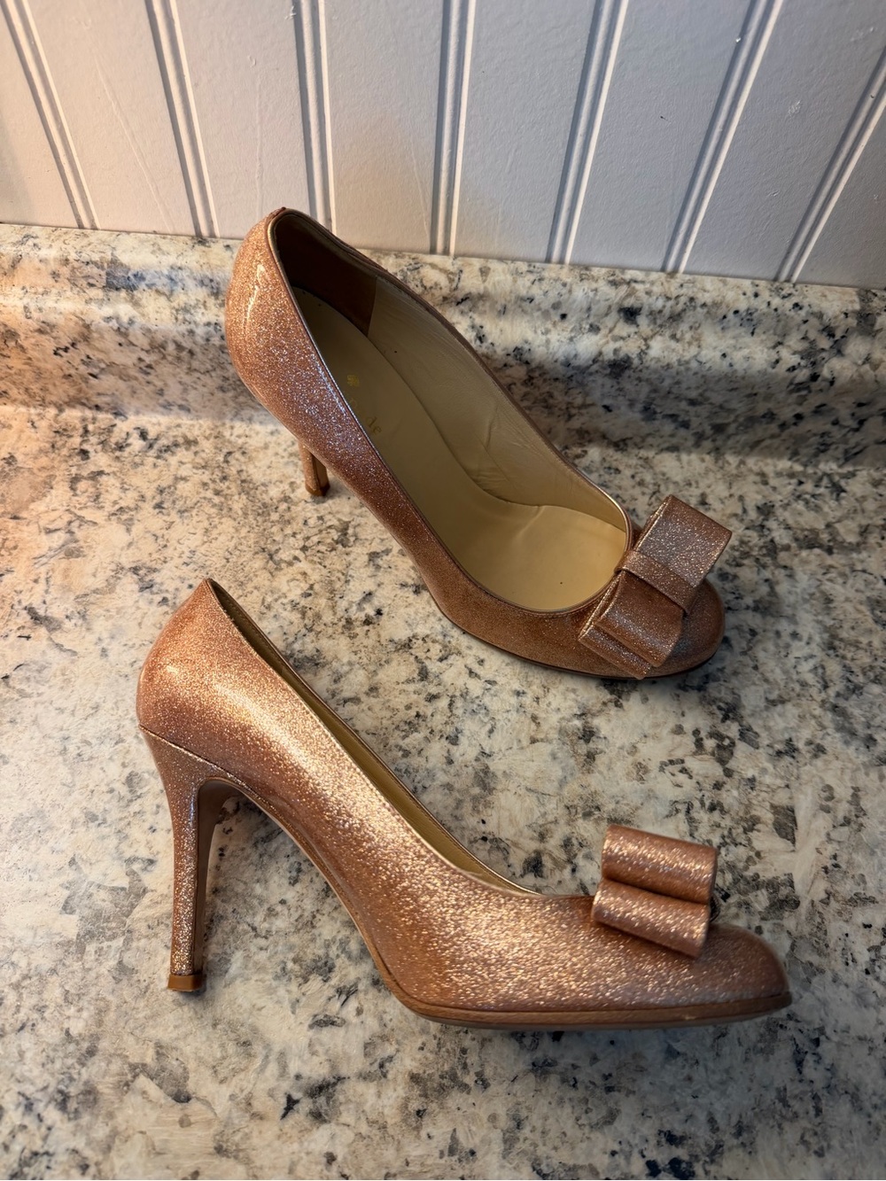 Kate Spade ♠️ Rose Gold Glitter Heels with Bow Wedding Princess Made in Italy
